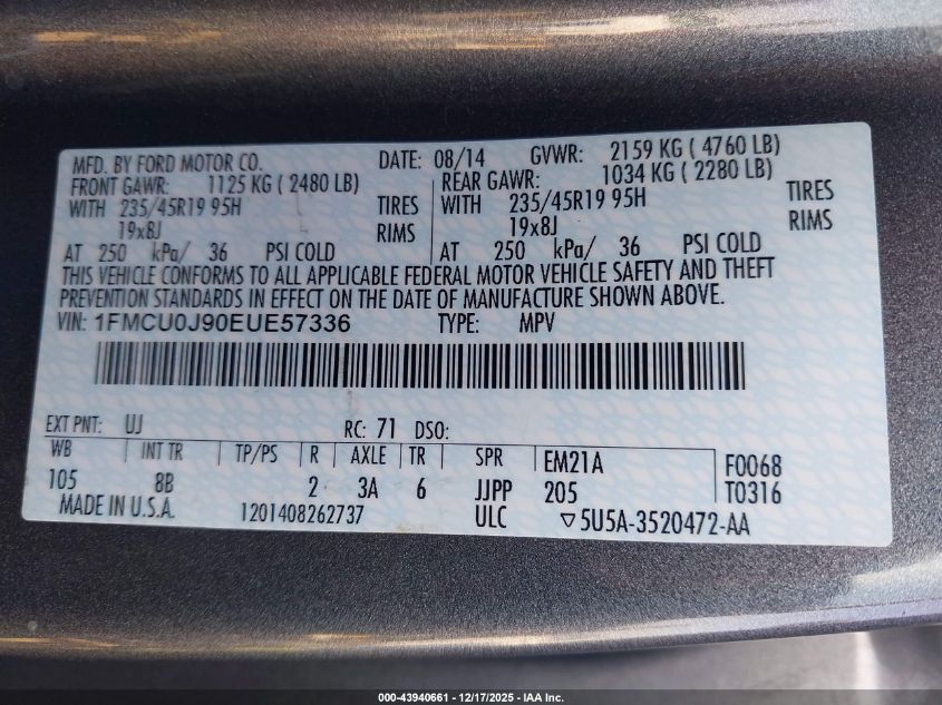 2014 Ford Escape Titanium VIN: 1FMCU0J90EUE57336 Lot: 43940661