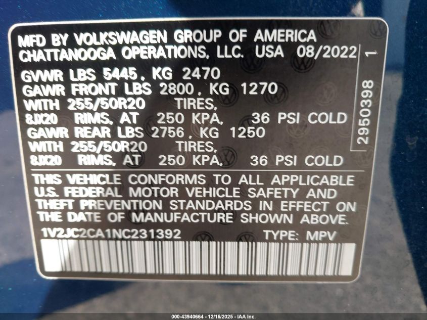 2022 Volkswagen Atlas Cross Sport 2.0T Se W/Technology VIN: 1V2JC2CA1NC231392 Lot: 43940664