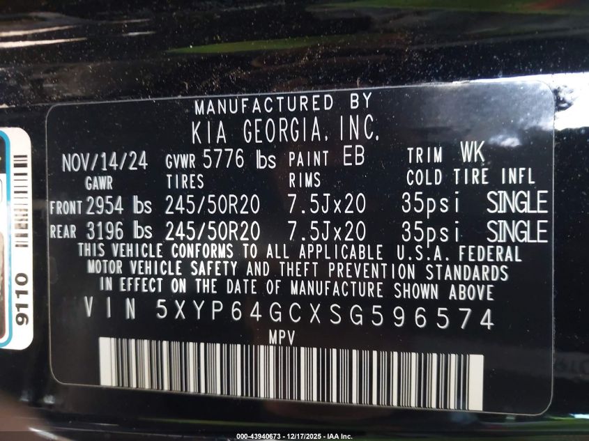 2025 Kia Telluride S VIN: 5XYP64GCXSG596574 Lot: 43940673