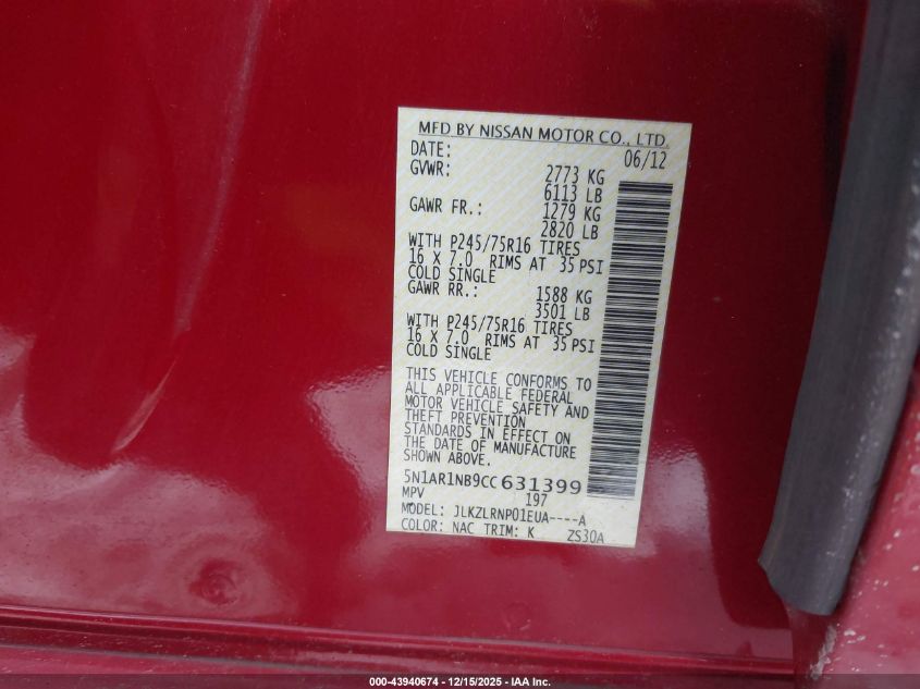 2012 Nissan Pathfinder S VIN: 5N1AR1NB9CC631399 Lot: 43940674