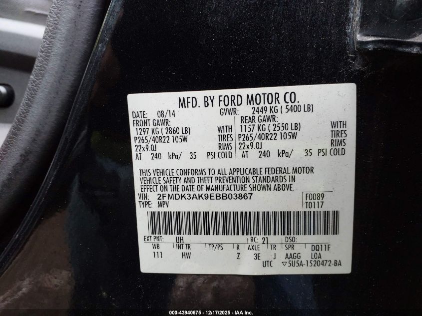 2014 Ford Edge Sport VIN: 2FMDK3AK9EBB03867 Lot: 43940675