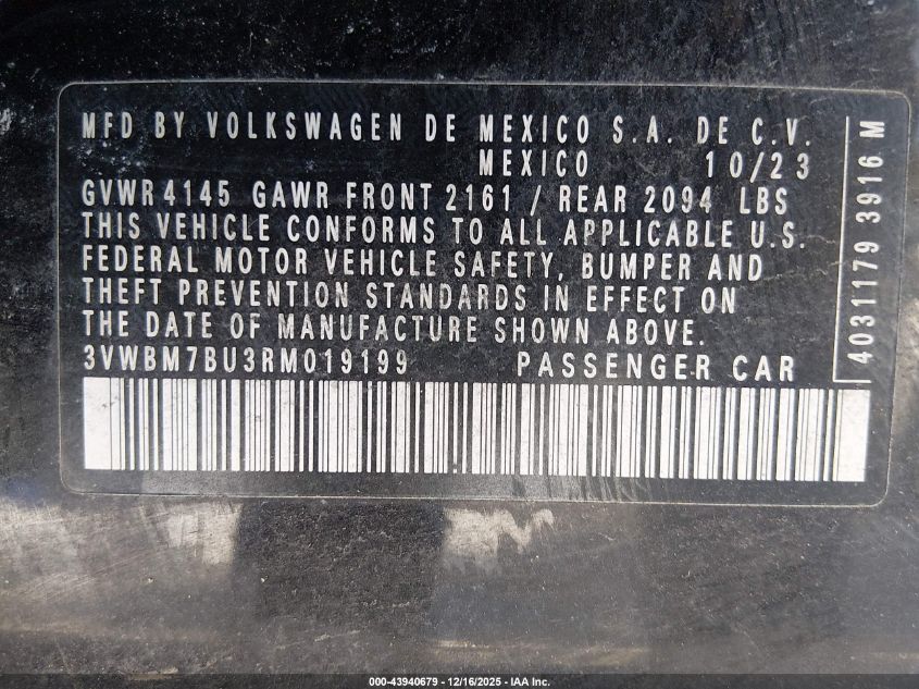 2024 Volkswagen Jetta 1.5T Sport VIN: 3VWBM7BU3RM019199 Lot: 43940679