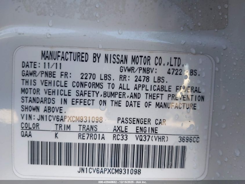 2012 Infiniti G37 Journey VIN: JN1CV6APXCM931098 Lot: 43940682