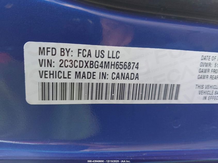 2021 Dodge Charger Sxt Rwd VIN: 2C3CDXBG4MH656874 Lot: 43940690