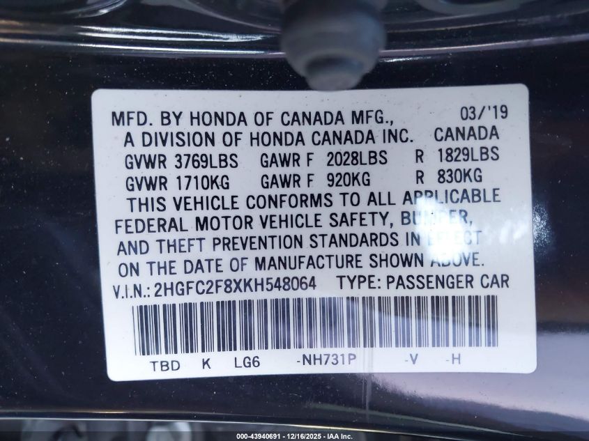 2019 Honda Civic Sport VIN: 2HGFC2F8XKH548064 Lot: 43940691