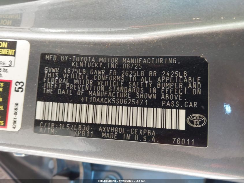 2025 Toyota Camry Xse VIN: 4T1DAACK5SU625471 Lot: 43940694