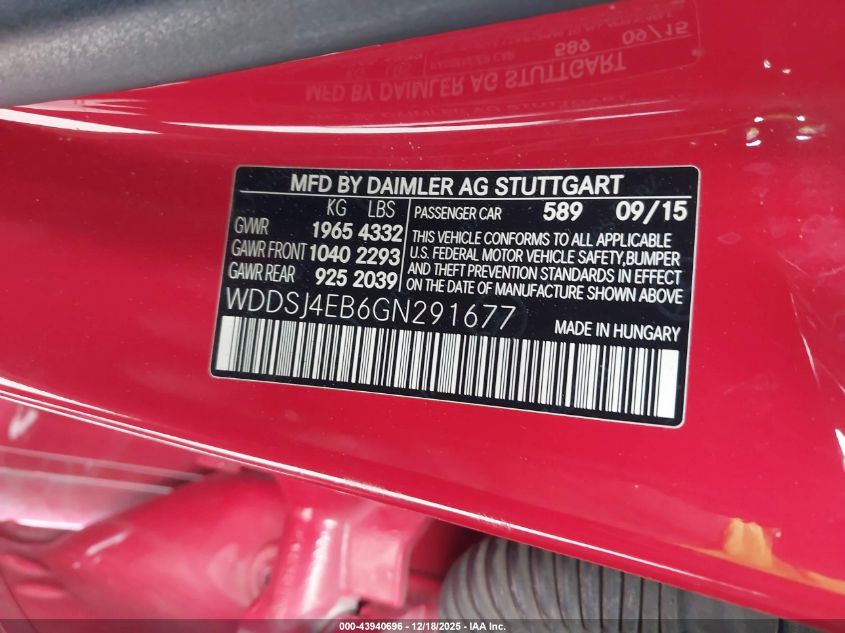 2016 Mercedes-Benz Cla 250 VIN: WDDSJ4EB6GN291677 Lot: 43940696