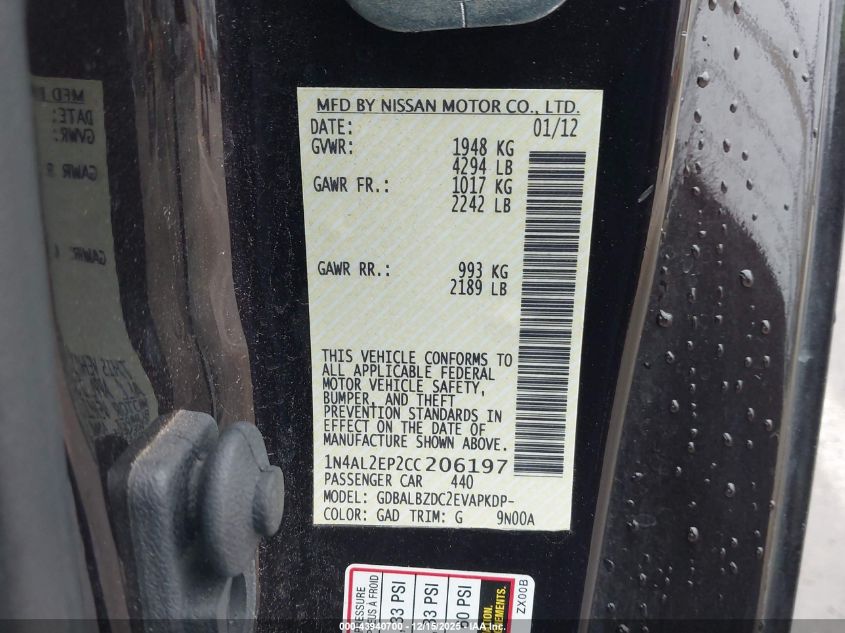 2012 Nissan Altima 2.5 S VIN: 1N4AL2EP2CC206197 Lot: 43940700