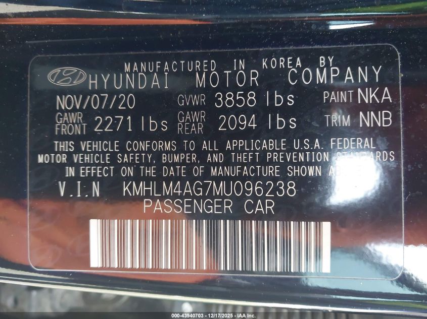 2021 Hyundai Elantra Sel VIN: KMHLM4AG7MU096238 Lot: 43940703