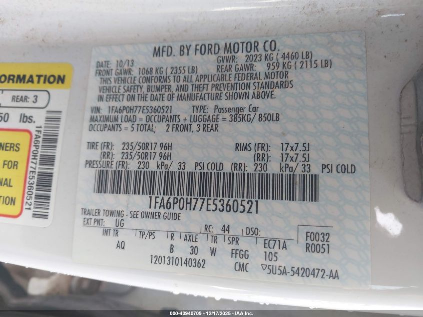 2014 Ford Fusion Se VIN: 1FA6P0H77E5360521 Lot: 43940709