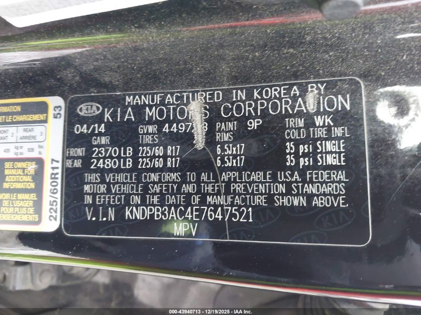 2014 Kia Sportage Lx VIN: KNDPB3AC4E7647521 Lot: 43940713