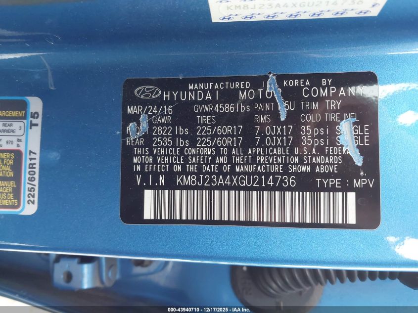 2016 Hyundai Tucson Se VIN: KM8J23A4XGU214736 Lot: 43940710
