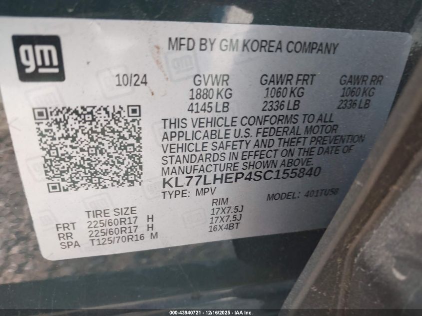 2025 Chevrolet Trax Fwd Lt VIN: KL77LHEP4SC155840 Lot: 43940721