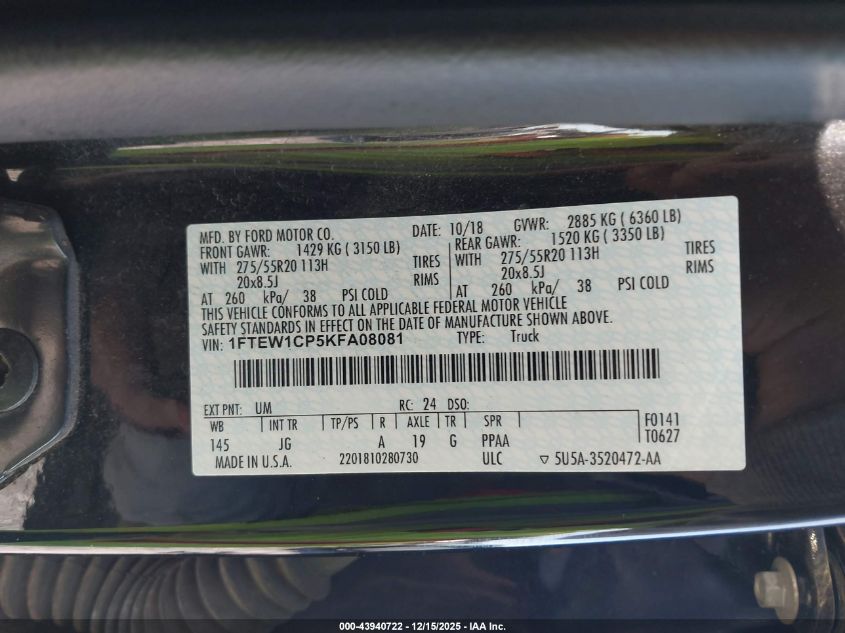 2019 Ford F-150 Xl VIN: 1FTEW1CP5KFA08081 Lot: 43940722