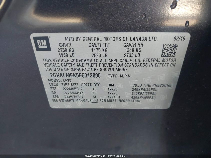 2015 GMC Terrain Sle-1 VIN: 2GKALMEK5F6312090 Lot: 43940727