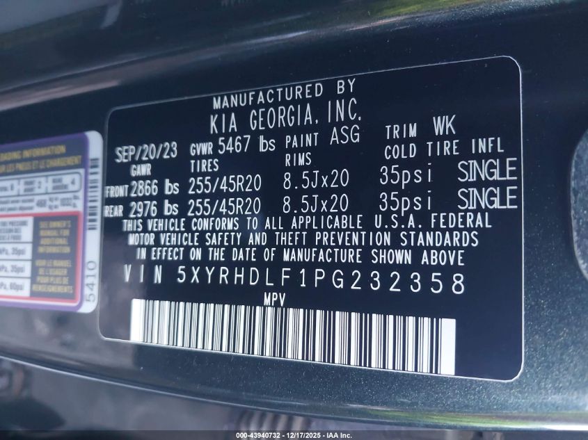 2023 Kia Sorento X-Line Ex VIN: 5XYRHDLF1PG232358 Lot: 43940732