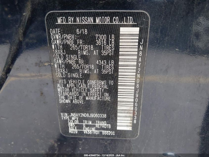 2018 Nissan Armada Sv VIN: JN8AY2ND8J9060338 Lot: 43940734