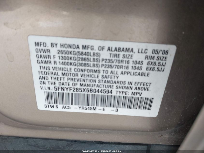 2006 Honda Pilot Ex-L VIN: 5FNYF285X6B044594 Lot: 43940738