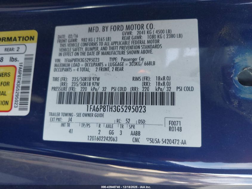 2016 Ford Mustang Ecoboost VIN: 1FA6P8TH3G5295023 Lot: 43940740