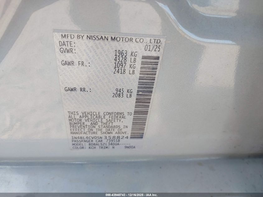 2025 Nissan Altima Sr Fwd VIN: 1N4BL4CV0SN358824 Lot: 43940743