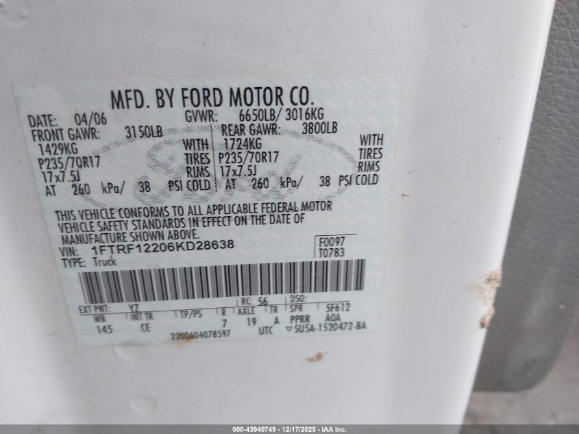 2006 Ford F-150 Stx/Xl/Xlt VIN: 1FTRF12206KD28638 Lot: 43940749