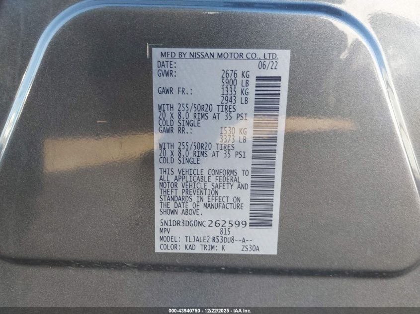 2022 Nissan Pathfinder Platinum 2Wd VIN: 5N1DR3DG0NC262599 Lot: 43940750