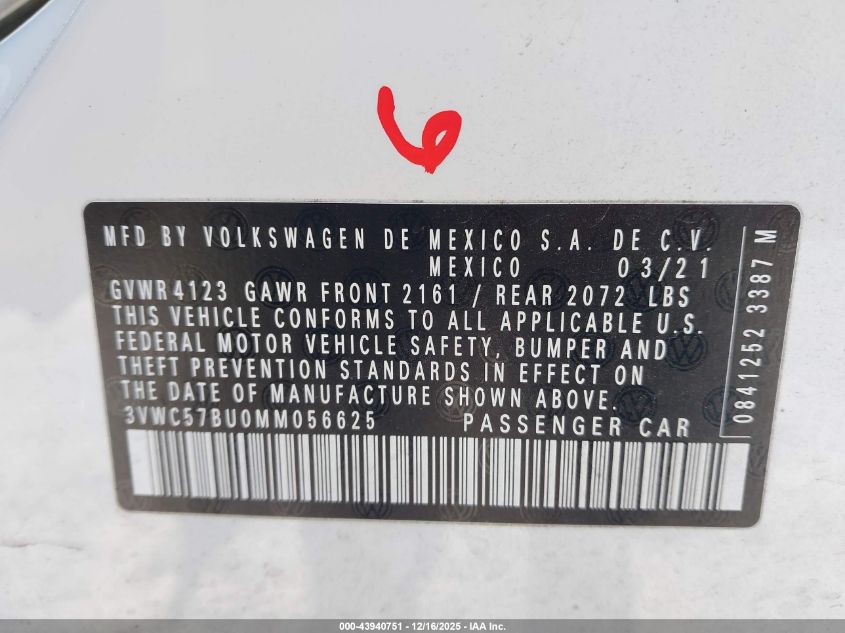 2021 Volkswagen Jetta 1.4T R-Line/1.4T S/1.4T Se VIN: 3VWC57BU0MM056625 Lot: 43940751