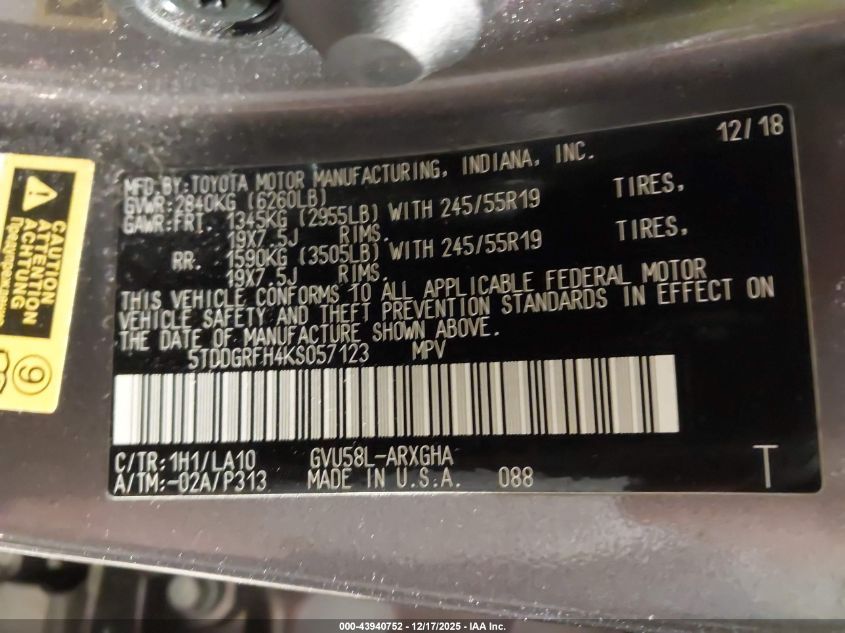 2019 Toyota Highlander Hybrid Limited VIN: 5TDDGRFH4KS057123 Lot: 43940752