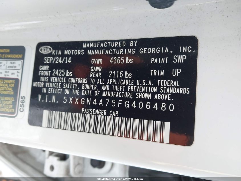 2015 Kia Optima Ex VIN: 5XXGN4A75FG406480 Lot: 43940754