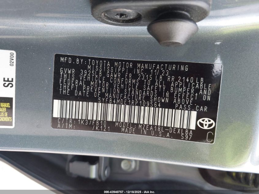 2024 Toyota Corolla Le VIN: 5YFB4MDE1RP109564 Lot: 43940757