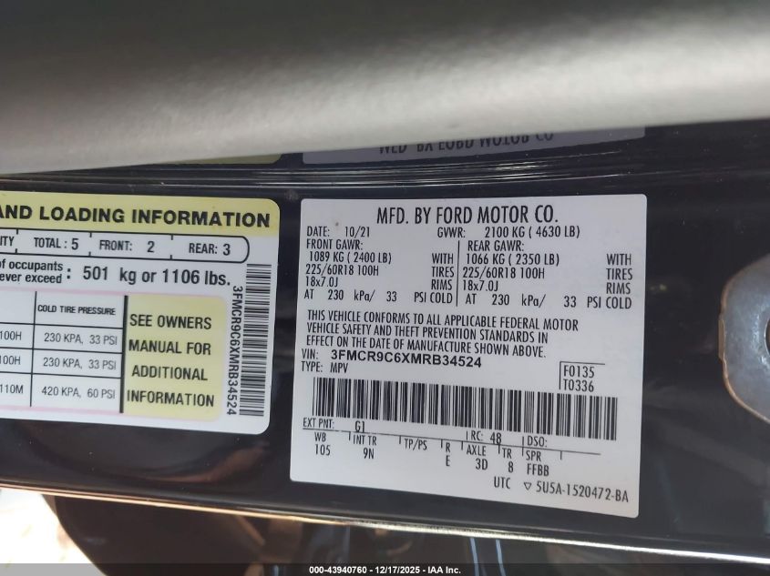 2021 Ford Bronco Sport Outer Banks VIN: 3FMCR9C6XMRB34524 Lot: 43940760