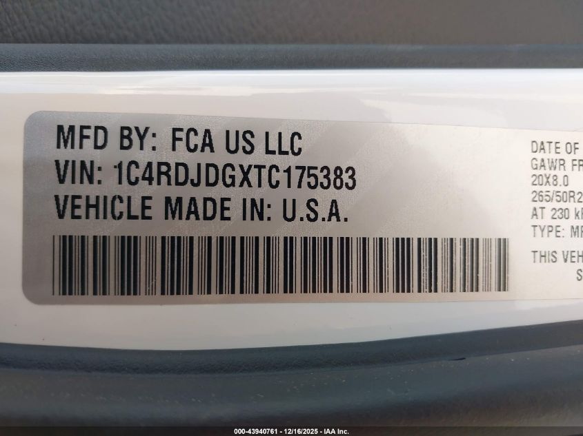 2026 Dodge Durango Gt Awd VIN: 1C4RDJDGXTC175383 Lot: 43940761