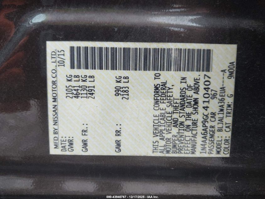 2016 Nissan Maxima 3.5 Sr VIN: 1N4AA6AP9GC410407 Lot: 43940767