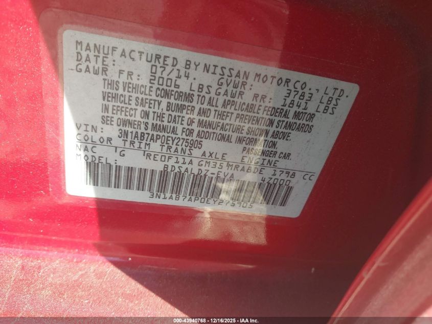 2014 Nissan Sentra Sv VIN: 3N1AB7AP0EY275905 Lot: 43940768