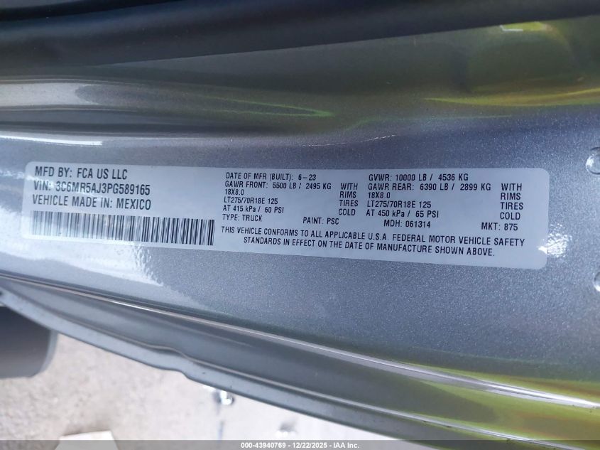 2023 Ram 2500 Tradesman 4X4 8' Box VIN: 3C6MR5AJ3PG589165 Lot: 43940769