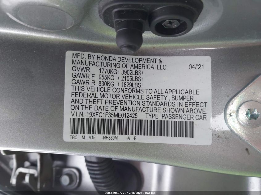 2021 Honda Civic Ex VIN: 19XFC1F35ME012425 Lot: 43940772