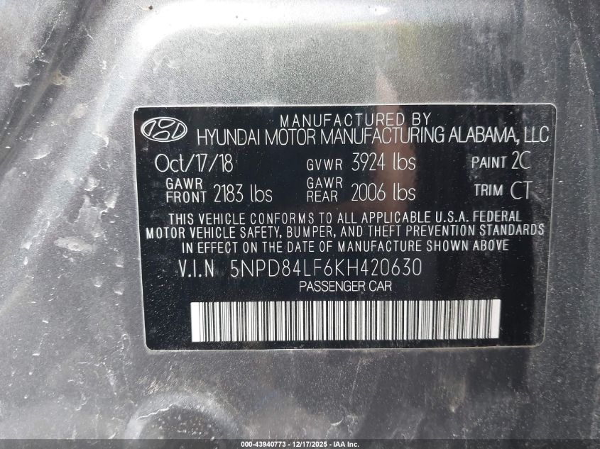 2019 Hyundai Elantra Sel VIN: 5NPD84LF6KH420630 Lot: 43940773