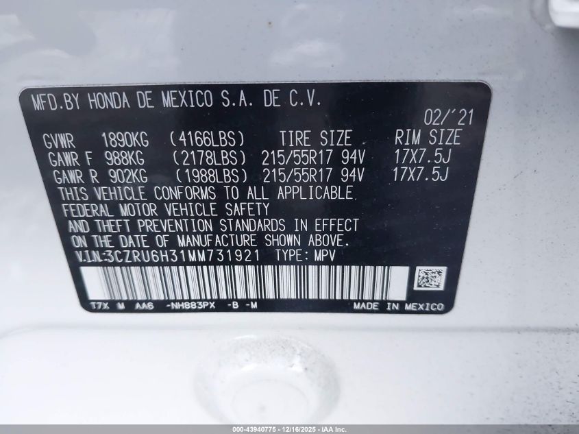 2021 Honda Hr-V Awd Lx VIN: 3CZRU6H31MM731921 Lot: 43940775