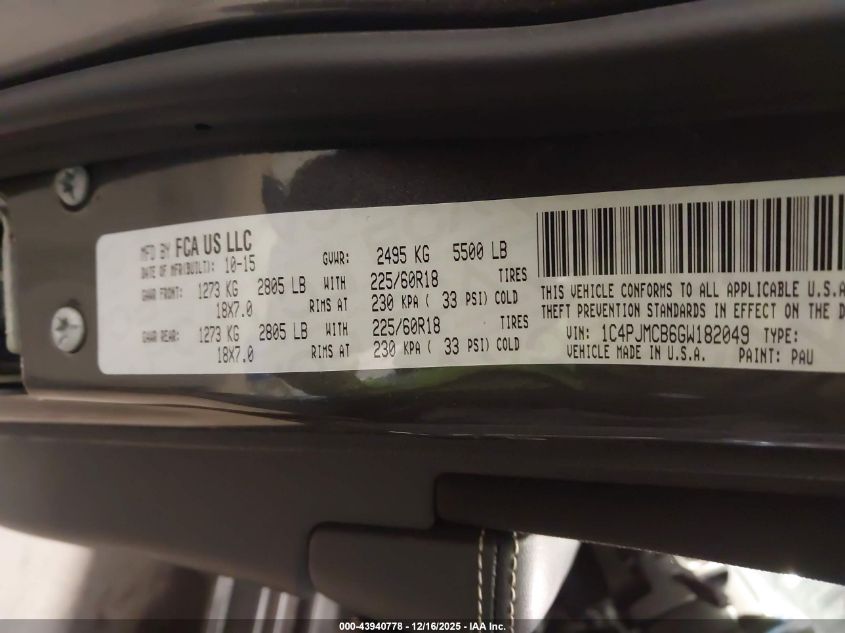 2016 Jeep Cherokee Altitude VIN: 1C4PJMCB6GW182049 Lot: 43940778