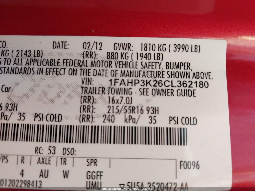 2012 Ford Focus Se VIN: 1FAHP3K26CL362180 Lot: 43940785