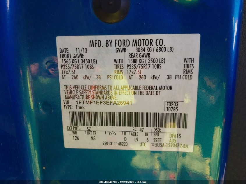 2014 Ford F-150 Xlt VIN: 1FTMF1EF3EFA26941 Lot: 43940789