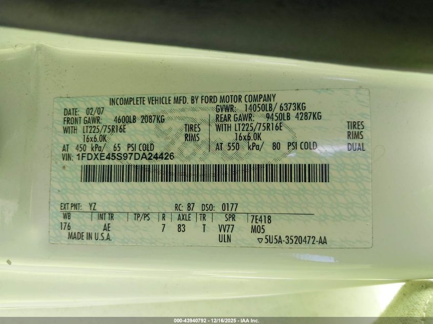 2007 Ford E-450 Cutaway VIN: 1FDXE45S97DA24426 Lot: 43940792