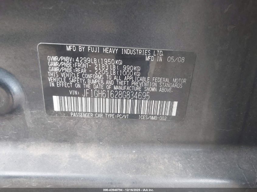 2008 Subaru Impreza 2.5I VIN: JF1GH61628G834695 Lot: 43940794