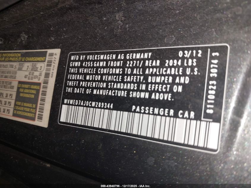 2012 Volkswagen Gti 2-Door VIN: WVWED7AJ0CW289344 Lot: 43940796