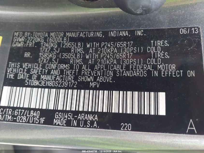 2013 Toyota Highlander Se V6 VIN: 5TDBK3EH8DS239172 Lot: 43940798