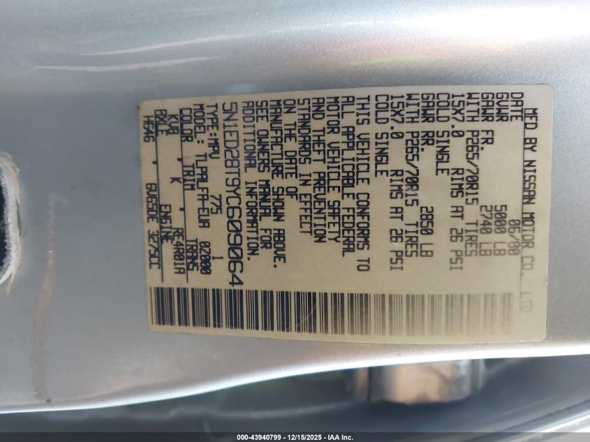 2000 Nissan Xterra Se/Xe VIN: 5N1ED28T9YC609064 Lot: 43940799