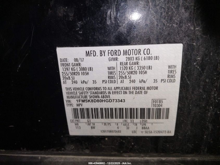 2017 Ford Explorer Xlt VIN: 1FM5K8D80HGD73343 Lot: 43940802