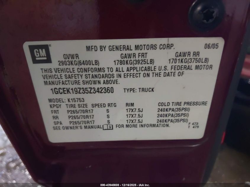 2005 Chevrolet Silverado 1500 Z71 VIN: 1GCEK19Z35Z342360 Lot: 43940808