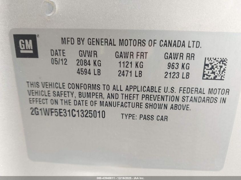 2012 Chevrolet Impala Ls VIN: 2G1WF5E31C1325010 Lot: 43940811