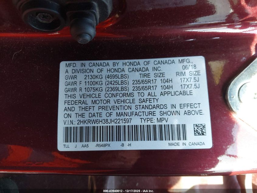 2018 Honda Cr-V Lx VIN: 2HKRW6H38JH221597 Lot: 43940812